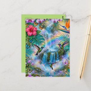 Carte Postale Cascades de Jungle Fantasy Colibris Arc-en-ciel