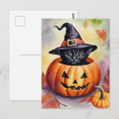 Carte Postale Casquette de sorcière Citrouille Black Kitten Hall (Devant / Derrière)