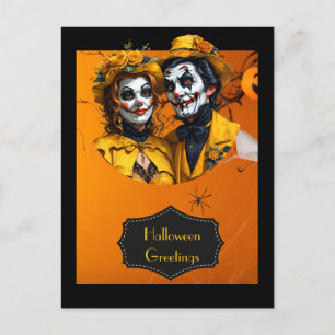 Carte Postale Casquette floral d'Halloween et couple caricature 