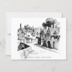 Carte Postale Castle Combe Village Sketch, Wiltshire England