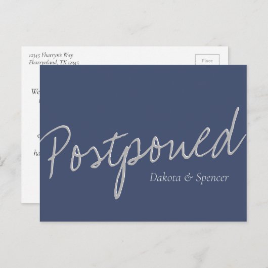 Carte Postale Casual Script | Marine Blue Grey Mariage reporté (Devant / Derrière)