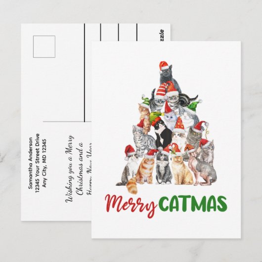 Carte Postale Cat Christmas Tree Amoureux des chats Noël Fêtes d (Devant / Derrière)