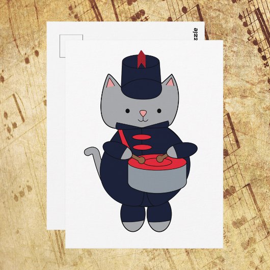 Carte Postale Cat Drummer Marching Band Navy Blue and Red
