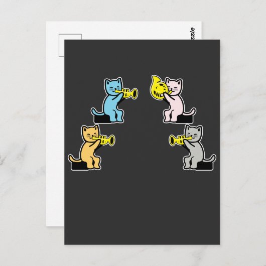 Carte Postale Cat joue trombone trompette (Devant / Derrière)
