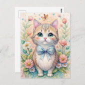 Carte Postale Cat Kitten Pastel Bow Wildflowers  (Devant / Derrière)