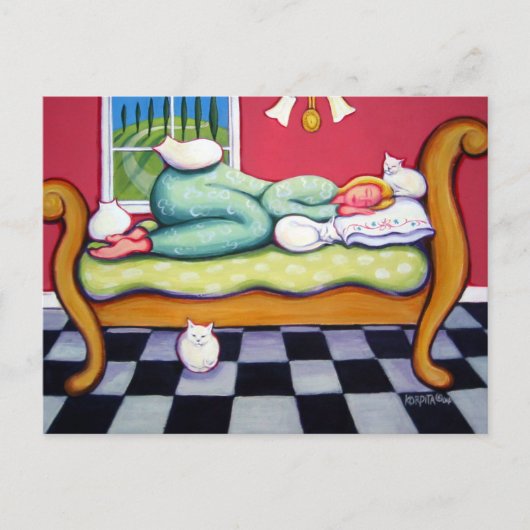 Carte Postale Cat Napping - Une femme Naps avec ses chats blancs (Devant)