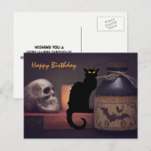 Carte Postale Cat noir effrayant et crâne Halloween Joyeux anniv (Devant / Derrière)