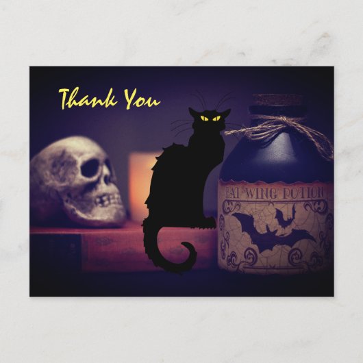 Carte Postale Cat noir effrayant et crâne Halloween Merci (Devant)