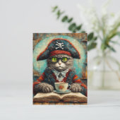 Carte Postale Cat pirate boire du café et lire (Debout devant)