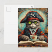 Carte Postale Cat pirate boire du café et lire (Devant / Derrière)