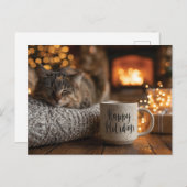 Carte Postale Cat Sleeping Next to a 'Happy Holidays" Mug (Devant / Derrière)