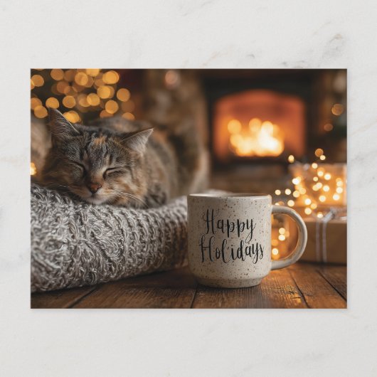 Carte Postale Cat Sleeping Next to a 'Happy Holidays" Mug (Devant)