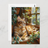 Carte Postale Cat Sleeping on Window Sill Among Flower Vines (Devant / Derrière)