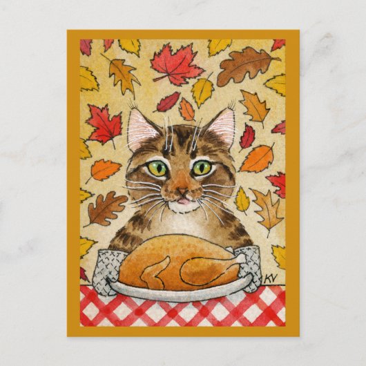 Carte Postale Cat Thanksgiving diner Dîner Turc Feuilles d'autom (Devant)