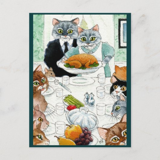 Carte Postale Cat Thanksgiving diner Friendly (Devant)
