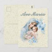 Carte Postale Catholic Vierge Marie Jésus Bleu Floral Ave Maria (Devant / Derrière)