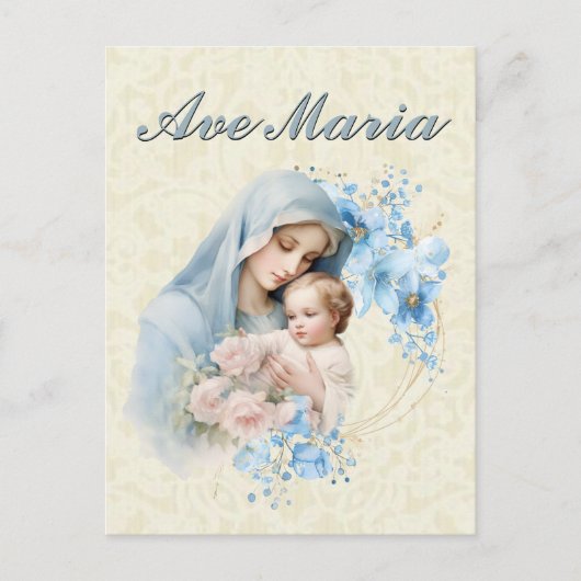 Carte Postale Catholic Vierge Marie Jésus Bleu Floral Ave Maria (Devant)
