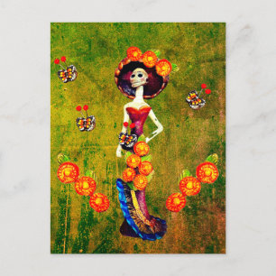 Carte Postale Catrina W/Casquette, Fleurs orange et Rouffes d'or