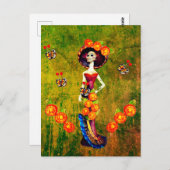 Carte Postale Catrina W/Casquette, Fleurs orange et Rouffes d'or (Devant / Derrière)