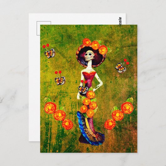 Carte Postale Catrina W/Casquette, Fleurs orange et Rouffes d'or (Devant / Derrière)