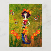Carte Postale Catrina W/Casquette, Fleurs orange et Rouffes d'or (Devant)
