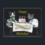 Carte Postale Cats celebrating a birthday with cake and candles<br><div class="desc">Cute and funny vintage photograph of two dressed cats sitting in a chair on a table,  celebrating a birthday with cake and candles. Personalize by adding your own text.</div>