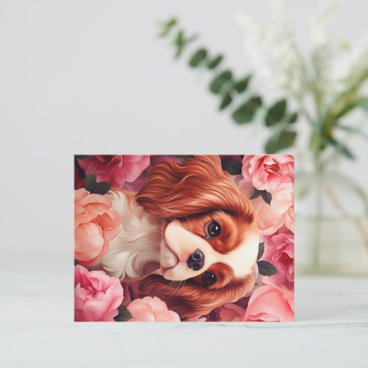 Carte Postale Cavalier King Charles Spaniel en Rose (Debout devant)