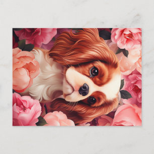 Carte Postale Cavalier King Charles Spaniel en Rose