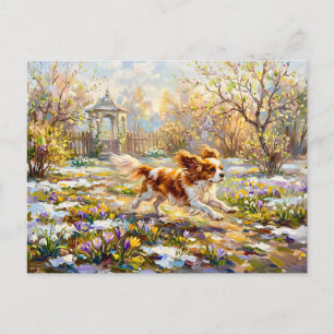Carte Postale Cavalier Spaniel dans un jardin printanier en fleu