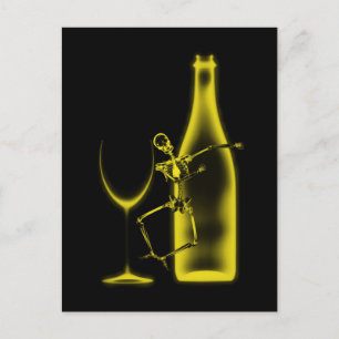 Carte Postale Célébration aux rayons X Squelette & Vin - Jaune