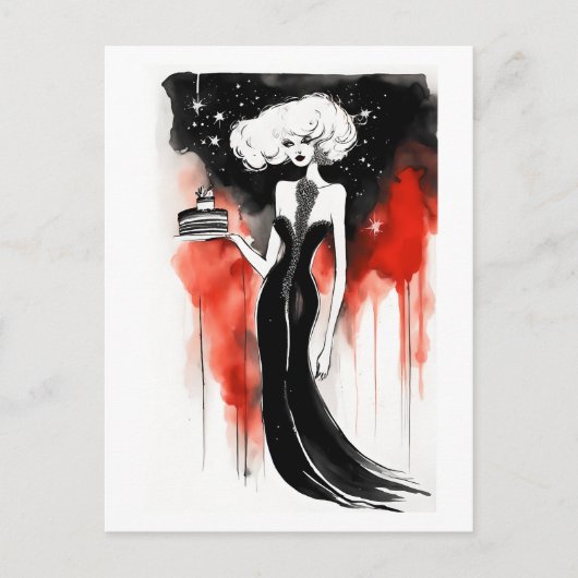 Carte Postale Célébration de la mode. Belle femme avec gâteau (Devant)