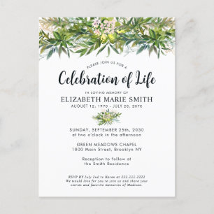 Carte Postale Célébration de la vie Verdure Chic Funeral Memoria