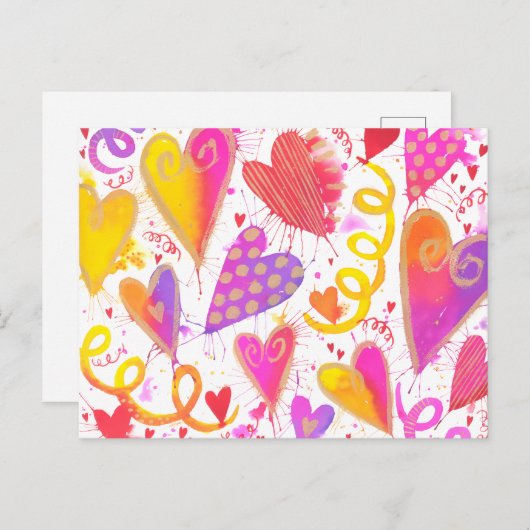 Carte Postale Célébration De L'Amour Aquarelle Coeurs (Devant / Derrière)