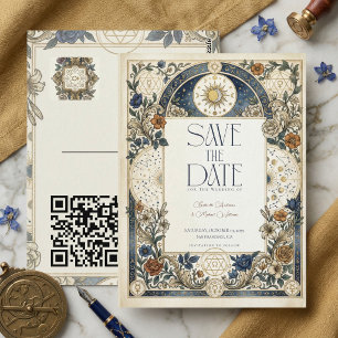Carte Postale Céleste Floral Vintage Mariage QR Enregistrer la D
