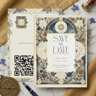 Carte Postale Céleste Floral Vintage Mariage QR Enregistrer la D