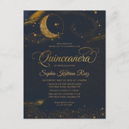 Carte Postale Céleste Minuit Bleu Or Star Lune Quinceanera (Devant)