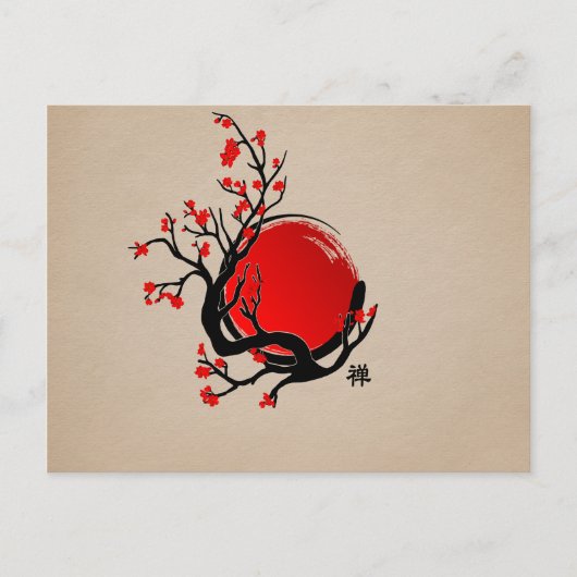 Carte Postale Cercle Zen Enso, Soleil et Rouge Sakura Blossom (Devant)