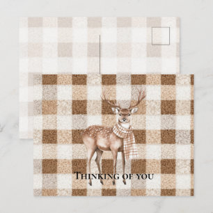 Carte Postale Cerf à carreaux marron crème rustique Pensant à to
