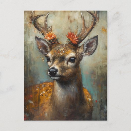 Carte Postale Cerf aux fleurs sur les bois (Devant)