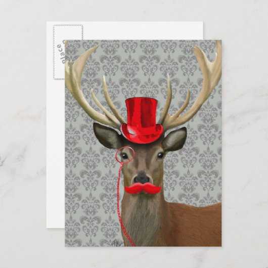 Carte Postale Cerf avec Casquette rouge et Moustache (Devant / Derrière)