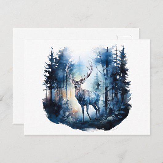 Carte Postale Cerf dans la forêt d'hiver (Devant / Derrière)
