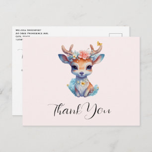 Carte Postale Cerf de Bébé mignon avec Antlers et Fleurs Merci