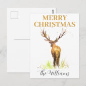 Carte Postale Cerf de Noël Elégante aquarelle Joyeux (Devant / Derrière)