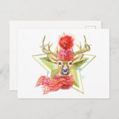 Carte Postale Cerf d'hiver aquarelle adorable étoile dorée (Devant / Derrière)