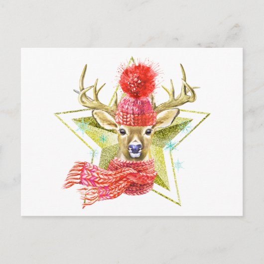 Carte Postale Cerf d'hiver aquarelle adorable étoile dorée (Devant)