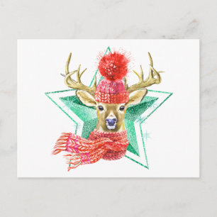 Carte Postale Cerf d'hiver aquarelle adorable étoile verte