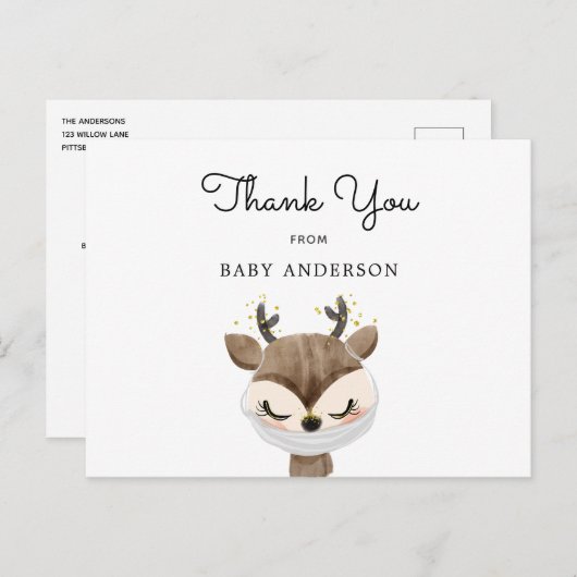 Carte Postale Cerf en Baby shower Masque Merci (Devant / Derrière)