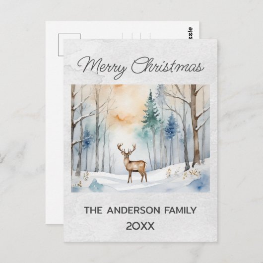 Carte Postale Cerf en forêt neigeuse Arbres de Noël Aquarelle (Devant / Derrière)