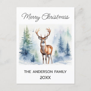 Carte Postale Cerf en forêt neigeuse Arbres de Noël Aquarelle