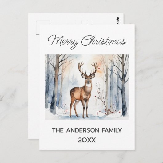 Carte Postale Cerf en forêt neigeuse Arbres de Noël Aquarelle (Devant / Derrière)
